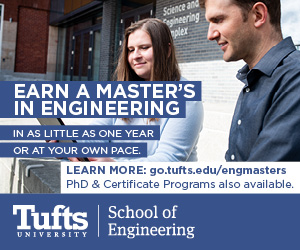 Tuft's Ad: Earn a Master's Degree in Engineering. Two students looking at a laptop.